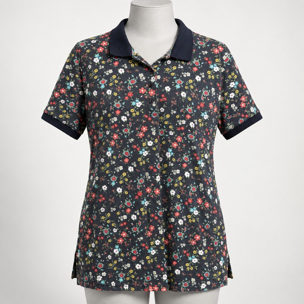 Woman Within 1X Floral Polo Shirt Short Sleeve Navy Collar